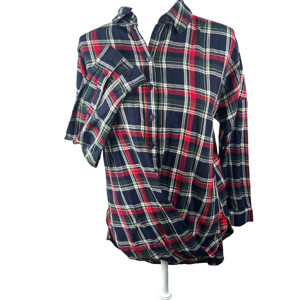 Velvet Heart Button Up Plaid Tunic Shirt Red Navy Flannel‎ Grunge Academia Sz M